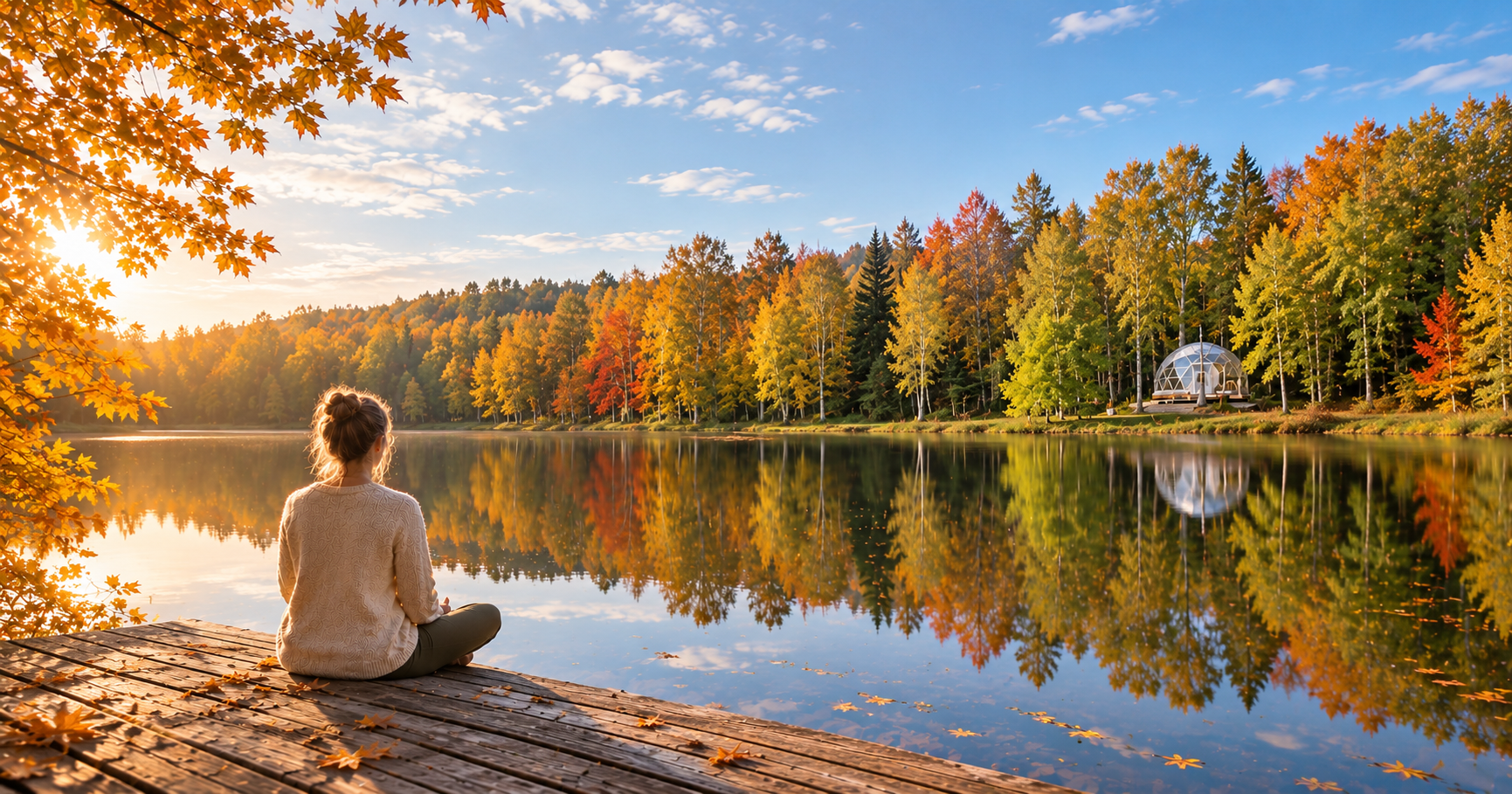 Femme assise au bord d’un lac dans la lumière douce de l’automne